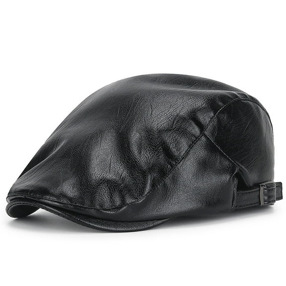 Men's Herringbone Flat Ivy Newsboy Hat Men's Casual Solid Leather Beret Fashion All Match Ancients Couple Forward Hat Black