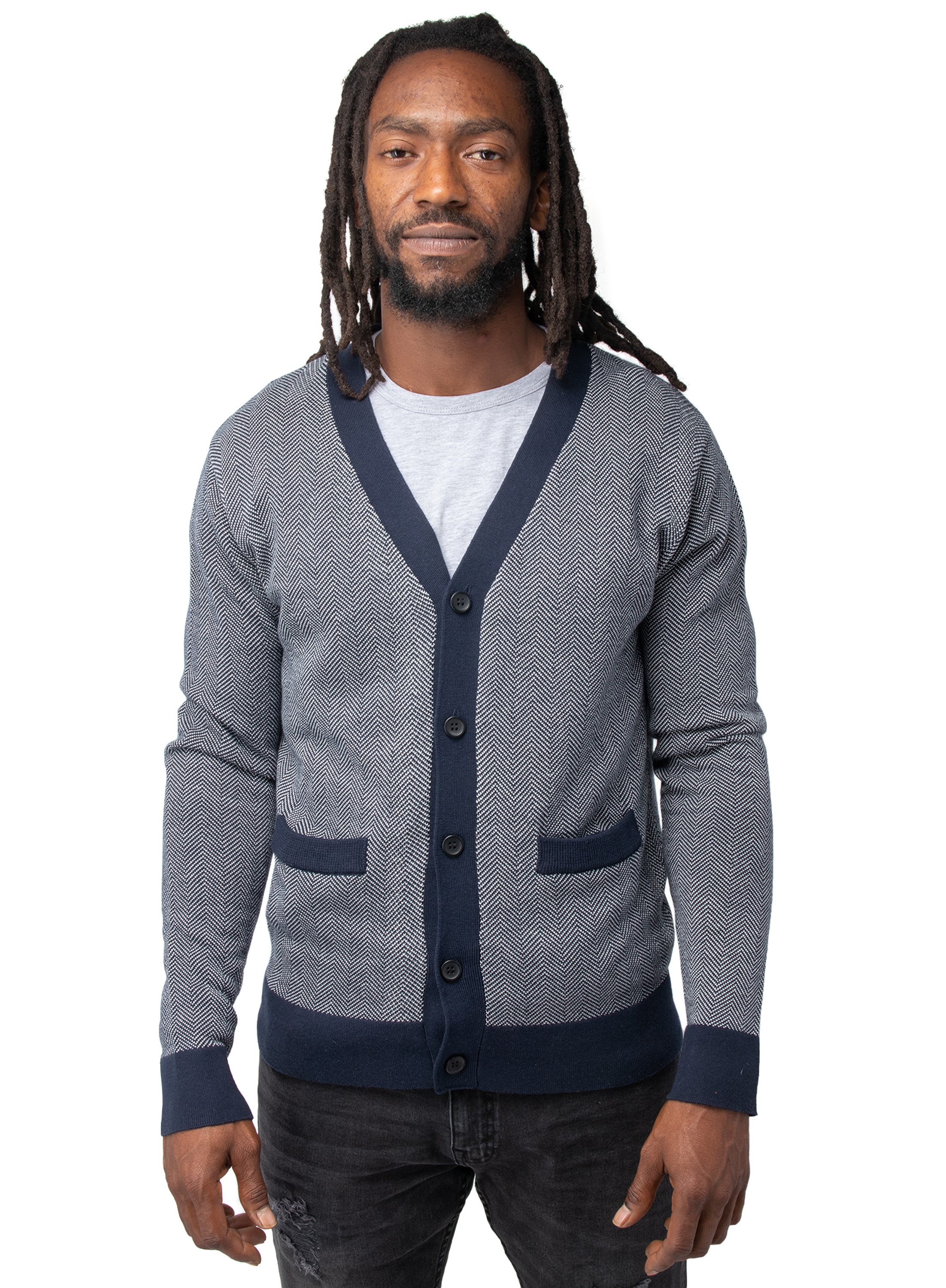 Men's Herringbone Long Sleeve Cardigan - Classic Fit Casual Fashion Sweater  White/Navy - Walmart.com