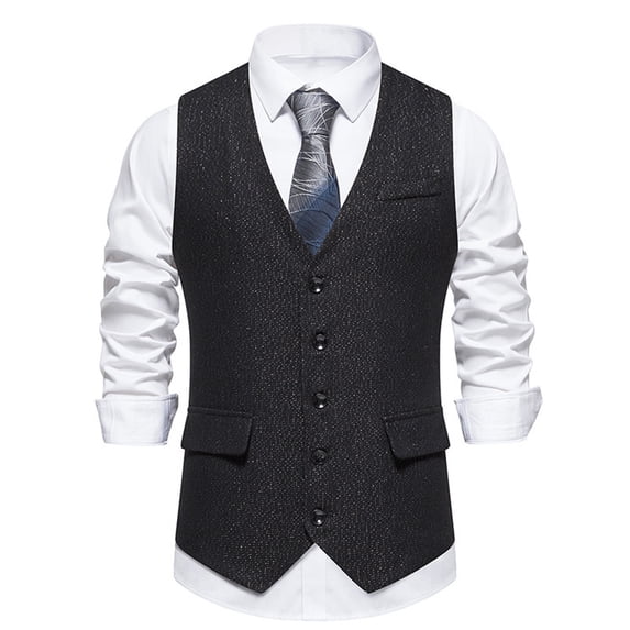 Men's Herringbone Tweed Single Breasted Suit Vest Vintage Single-Breasted Waistcoat Casual Black L