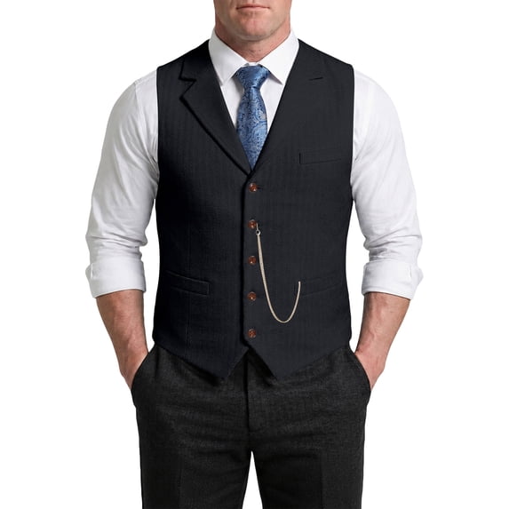 Men's Herringbone Tweed Suit Vest Casual Vintage Single-Breasted Waistcoat with Chain Black XXXL