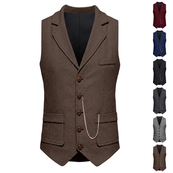 Men's Herringbone tweed Suit Vest, Formal Notched Lapel Waistcoat with Chain, Business Casual Tuxedo Vest Khaki M