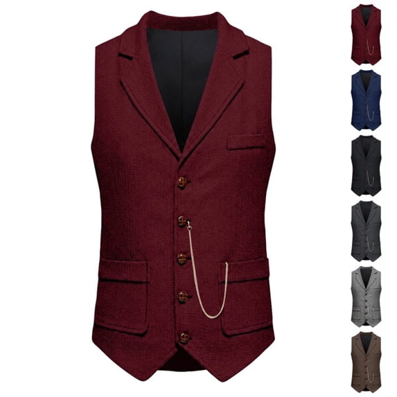 Men's Herringbone tweed Suit Vest, Formal Notched Lapel Waistcoat with Chain, Business Casual Tuxedo Vest Wine M
