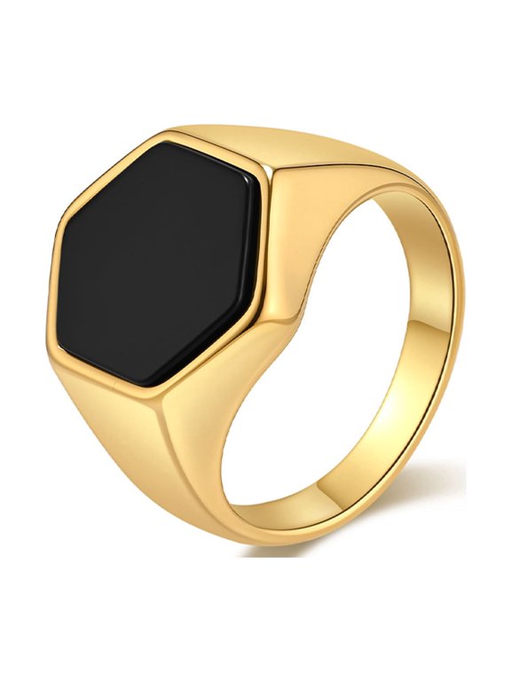 Men's Hexagon Signet Ring, Black Inlay Stainless Steel Ring, Modern Minimalist