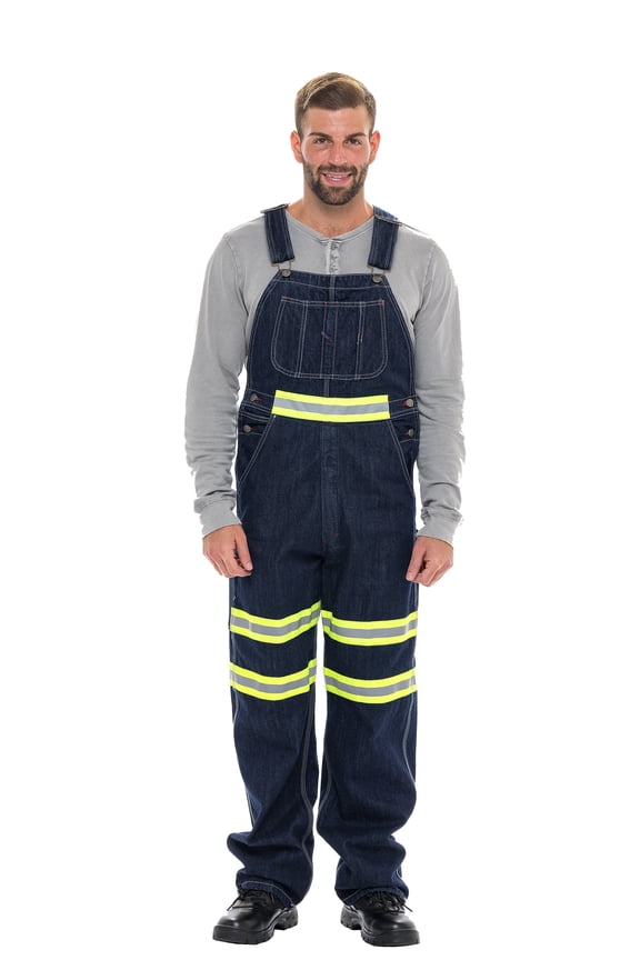 Men's Hi-Vis Bib Overall Men Enhanced Visibility Denim Dungaree PANTS Green Dark Blue 40-34