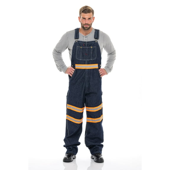 Men's Hi-Vis Bib Overall Men Enhanced Visibility Denim Dungaree PANTS Orange Dark Blue 30-30