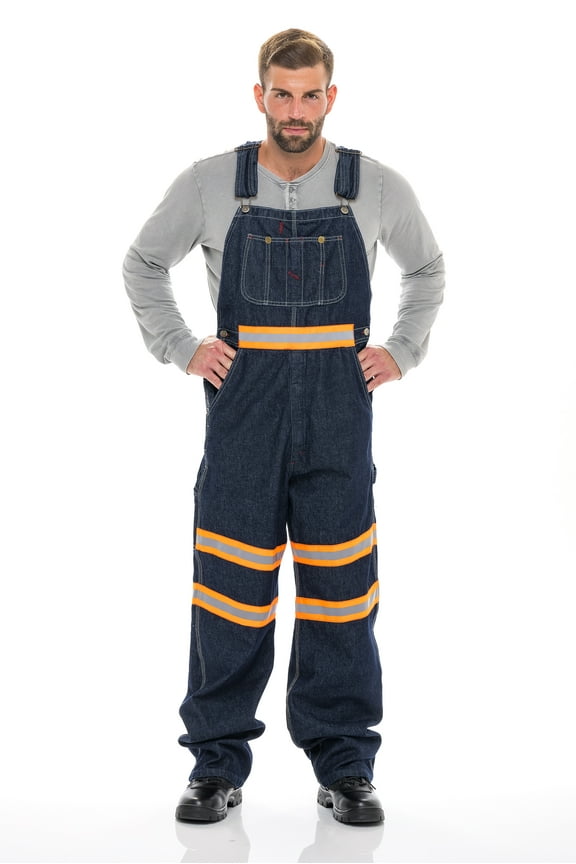 Men's Hi-Vis Bib Overall Men Enhanced Visibility Denim Dungaree PANTS Orange Dark Blue 36-32