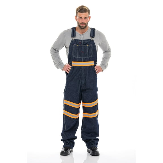 Men's Hi-Vis Bib Overall Men Enhanced Visibility Denim Dungaree PANTS Orange Dark Blue 40-34