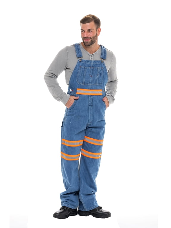 Men's Hi-Vis Bib Overall Men Enhanced Visibility Denim Dungaree PANTS Orange Light Blue 32-30