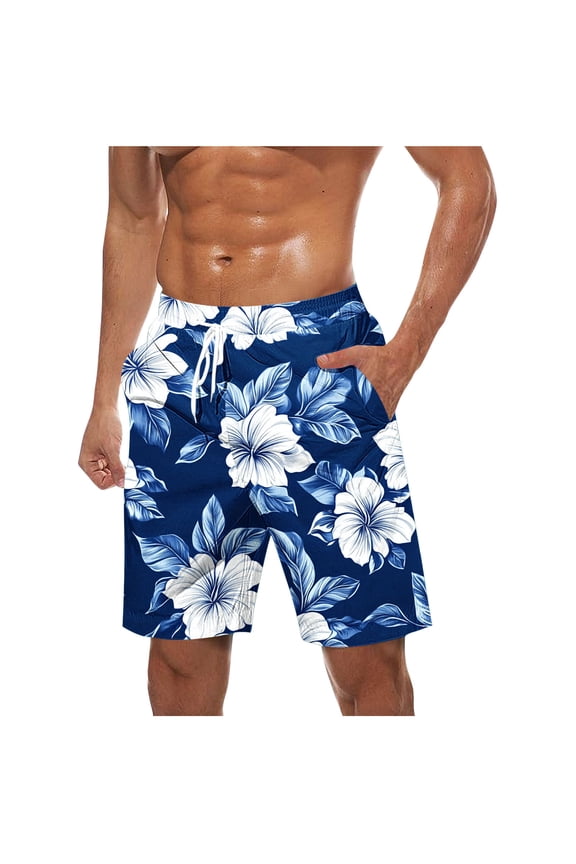 Men's Hibiscus Floral Print Beach Shorts Elastic Waist Drawstring Pocket Quick Dry Shorts Summer Vacation Aloha Swim Trunks