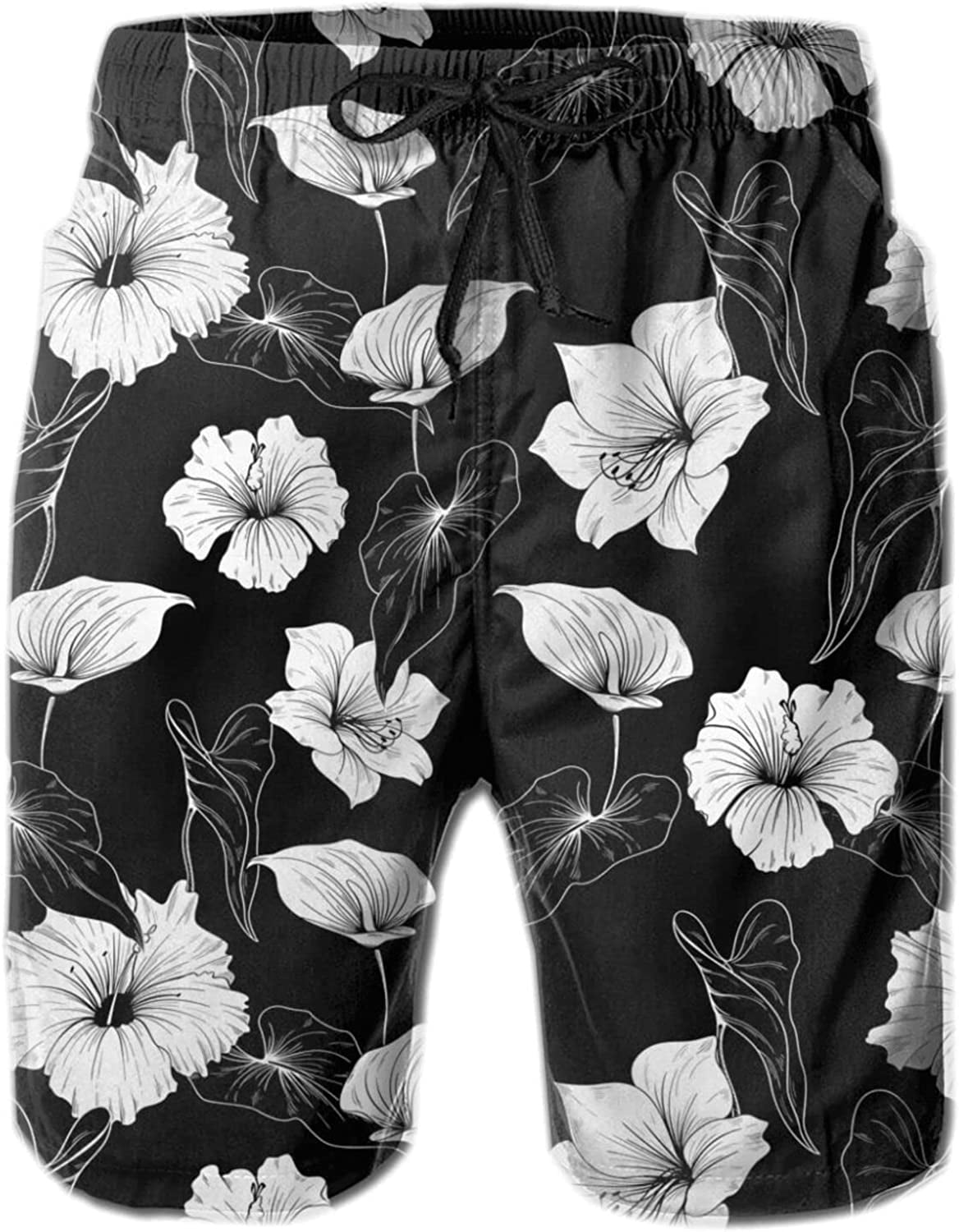 Men's Hibiscus Hawaiian Black Flower Men's Swim Trunks Beach Board
