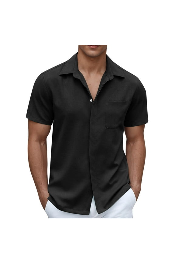Men's Hidden Button Down Shirts Business Casual Short Sleeve Hawaiian Shirt Summer Beach Vacation Classic Basic Cardigan Tops with Pocket