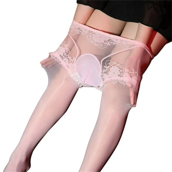 Men's High Glossy Elastic Nylon Sheer Stockings Silky Tights Lace Pantyhose