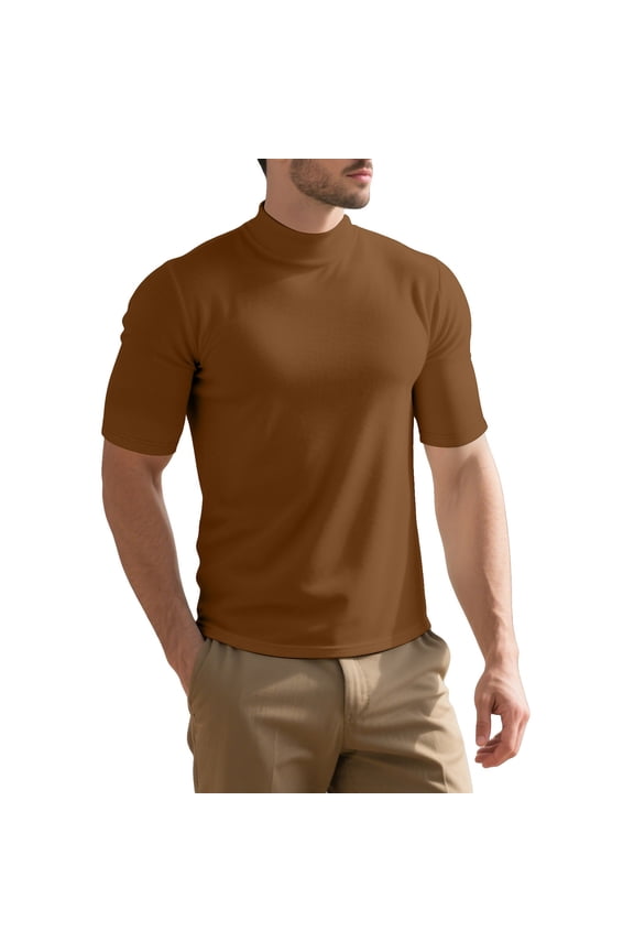 Men's High Neck Basic Tops Tight Comfy Short Sleeved T-Shirt Fashion Solid Color Lightweight Tops 2026,Coffee,S