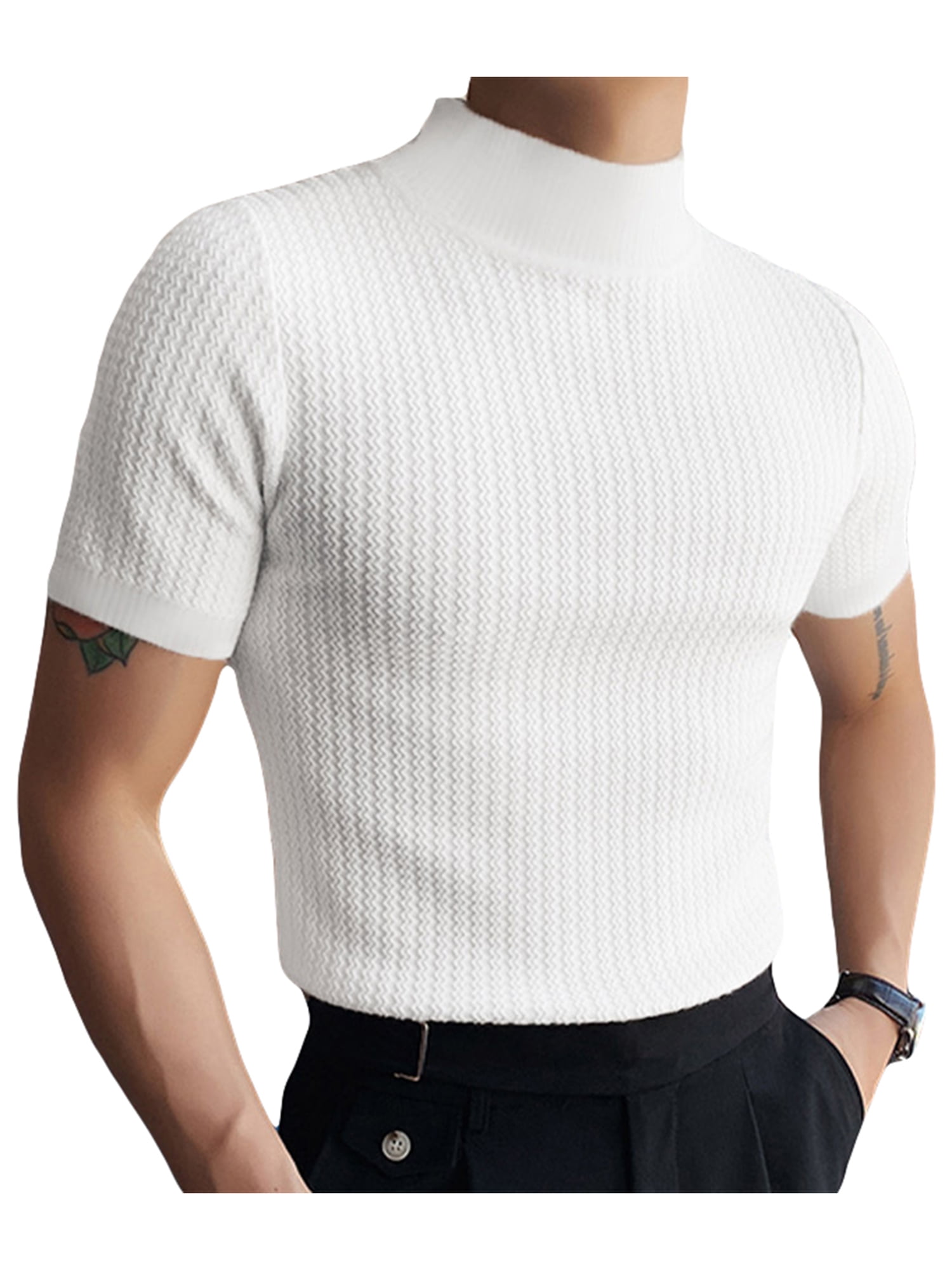 Male Spring and Summer Knitted High Neck Short Sleeve Solid