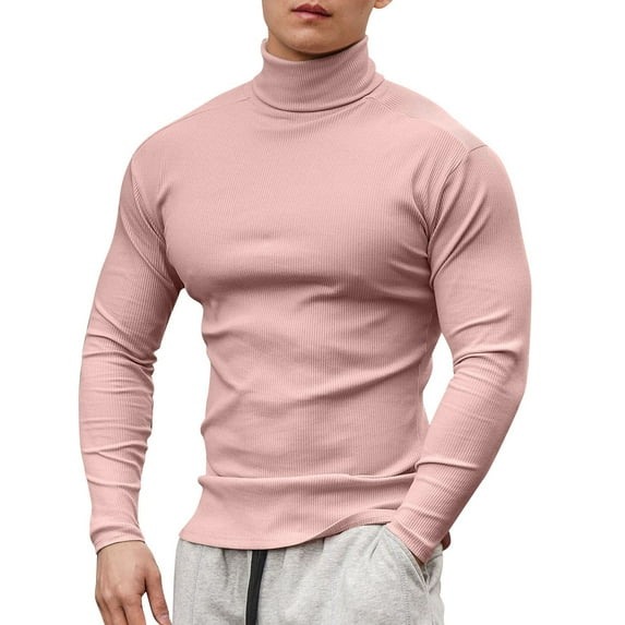 Men's High Neck Long Sleeve T-Shirt - Solid Color, Slim Fit, Elastic Fabric for Spring/Summer Casual Wear