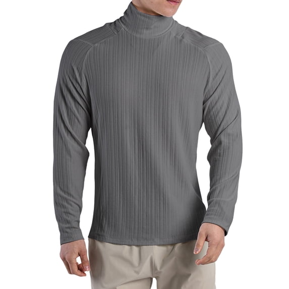 Men's High Neck Pleated Textured Loose Long Sleeved T Shirt, Polyester and Spandex, for Training and Lounging