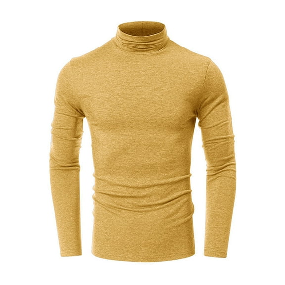 Men's High Neck Shirt Long Sleeve Solid Color Slim Fit Top for Men Fashion Fall Casual Pullover Blouses Tee (Yellow L)
