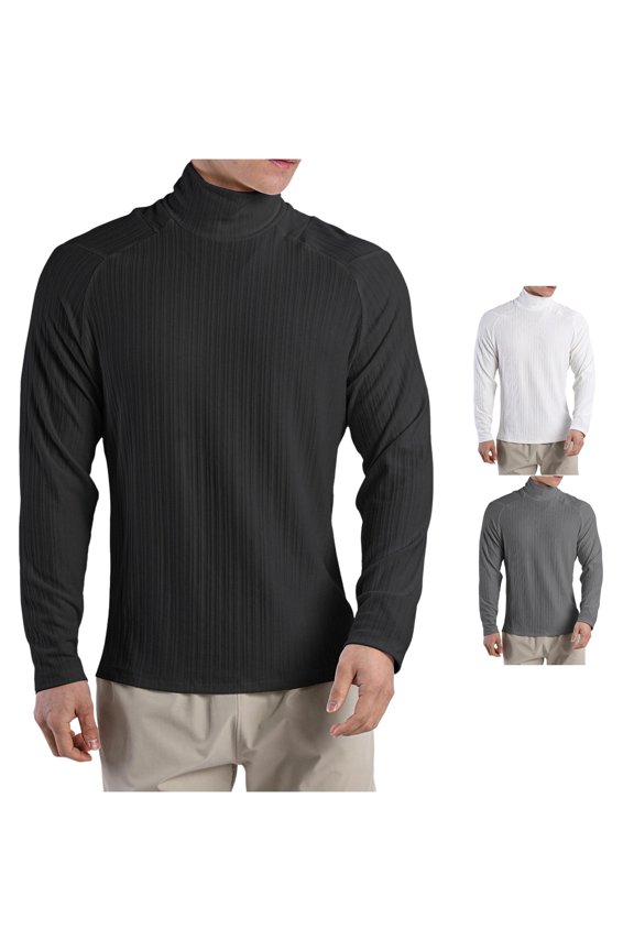 Men's High Neck T Shirt Pleated Textured Loose Long Sleeved Inner Bottom Shirt Men's Stretch Training Clothes Solid Color High Neck Tops Heat compatible with Machine for T Shirts Large Tall