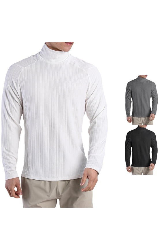 Men's High Neck T Shirt Pleated Textured Loose Long Sleeved Inner Bottom Shirt Men's Stretch Training Clothes Solid Color High Neck Tops Heat compatible with Machine for T Shirts Large Tall