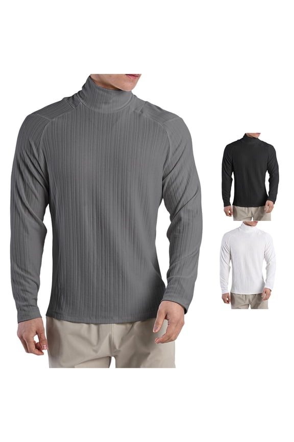 Men's High Neck T Shirt Pleated Textured Loose Long Sleeved Inner Bottom Shirt Men's Stretch Training Clothes Solid Color High Neck Tops Shirt M
