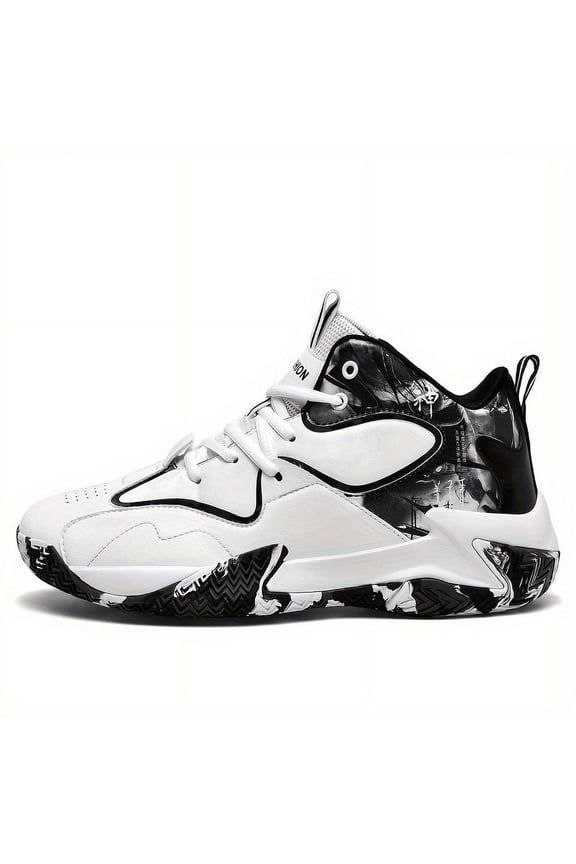 Men's High-Top Basketball Shoes - Shock-Absorbing MD Rubber Sole, PU Upper & EVA Cushion - All-Season Lace-Up Sneakers for Basketball, Running, Streetwear - White/Black/Gray Sportswear, Basketball Ge