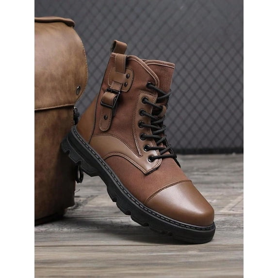 Men's High-Top Combat Boots with Lace-Up Adjustable Buckle Strap, Mixed Fabric & Faux Leather Upper, Durable Outdoor Footwear for Daily Wear and Casual Activities