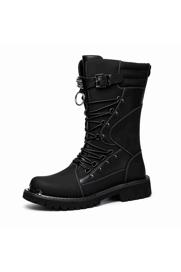 Men’s High-Top Combat Boots with Metal Toe Cap & Adjustable Buckle – Rugged Lace-Up Biker Boots for Fall/Winter