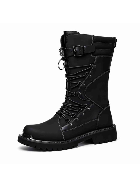 Men’s High-Top Combat Boots with Metal Toe Cap & Adjustable Buckle – Rugged Lace-Up Biker Boots for Fall/Winter