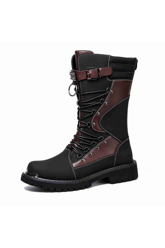 Men’s High-Top Combat Boots with Metal Toe Cap & Adjustable Buckle – Rugged Lace-Up Biker Boots for Fall/Winter