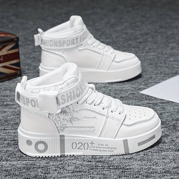 Men's High-Top Fashion Sneakers - Casual Lace-Up Athletic Shoes with Solid Color PU Upper, Breathable PU Lining, Durable Rubber Sole, and Comfort Fabric Insole