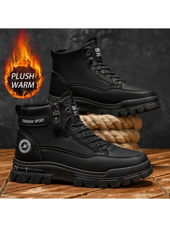 Men's High Top Fleece Lined Winter Boots, Lace Up & Side Zipper Warm Outdoor Ankle Boots for Cold Weather