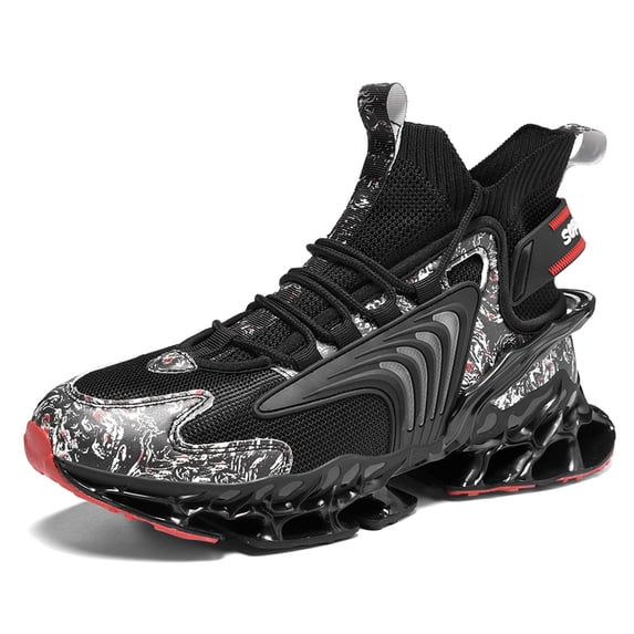 Men's High-Top Knit Blade-Sole Sneakers, Lightweight Lace-Up Athletic Shoes with Futuristic Glow Design for Streetwear, Running, and Casual Wear