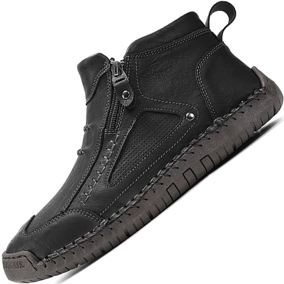 Men's High Top Loafers -Handcrafted Waterproof Leather Shoes, Ankle Boots with Side Zipper, Non-Slip Outdoor Sneakers, Warm Slip-On Footwear for Hiking Casual Walking