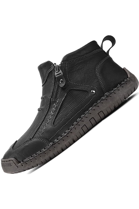 Men's High Top Loafers -Handcrafted Waterproof Leather Shoes, Ankle Boots with Side Zipper, Non-Slip Outdoor Sneakers, Warm Slip-On Footwear for Hiking Casual Walking