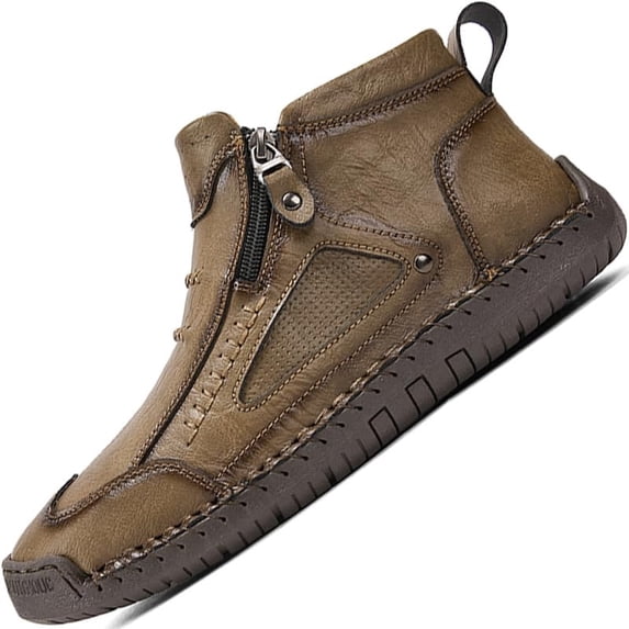 Men's High Top Loafers -Handcrafted Waterproof Leather Shoes, Ankle Boots with Side Zipper, Non-Slip Outdoor Sneakers, Warm Slip-On Footwear for Hiking Casual Walking
