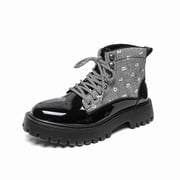 Mens High-Top Patent Leather & Denim Martin Boots - Trendy Chunky Platform Lace-Up Boots with Number Print for Streetwear & Fashion Streetwear Shoes for Men