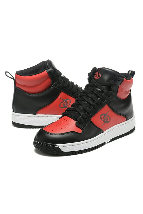 Men's High Top Skateboarding Shoes Lightweight, Sneakers Casual Leather Upper, Black and Red