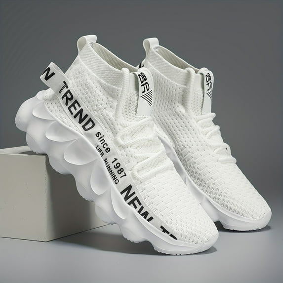 Men's High-Top Slip-On Sneakers with Letter Print - Breathable Fabric & MD Cushioning, All-Season Gym Running Walking Shoes for Casual Wear, Trendy Sportswear, Comfortable Fit, Flexible Footwear