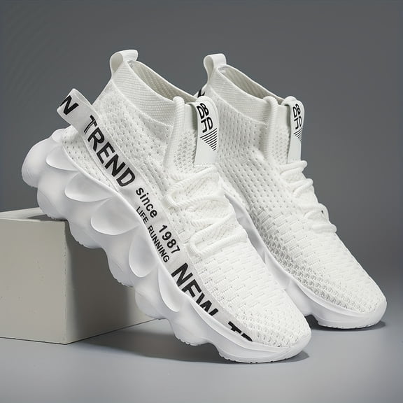 Men's High-Top Slip-On Sneakers with Letter Print - Breathable Fabric & MD Cushioning, All-Season Gym Running Walking Shoes for Casual Wear, Trendy Sportswear, Comfortable Fit, Flexible Footwear