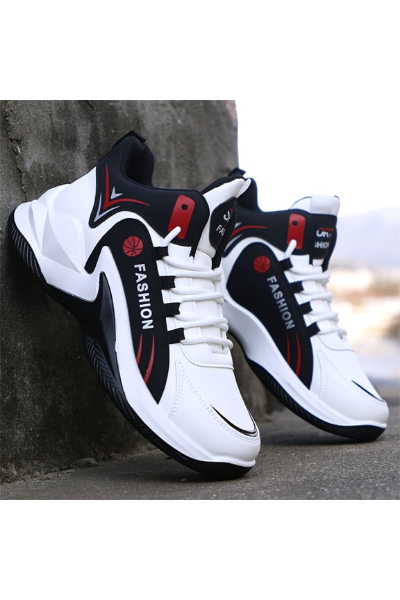 Men's High-Top Sneakers - Anti-Slip PVC Sole, Breathable PU Upper & EVA Cushioning - All-Season Casual Running Shoes for Gym, Work, Walking - White/Red Sneakers with Lace-Up Closure