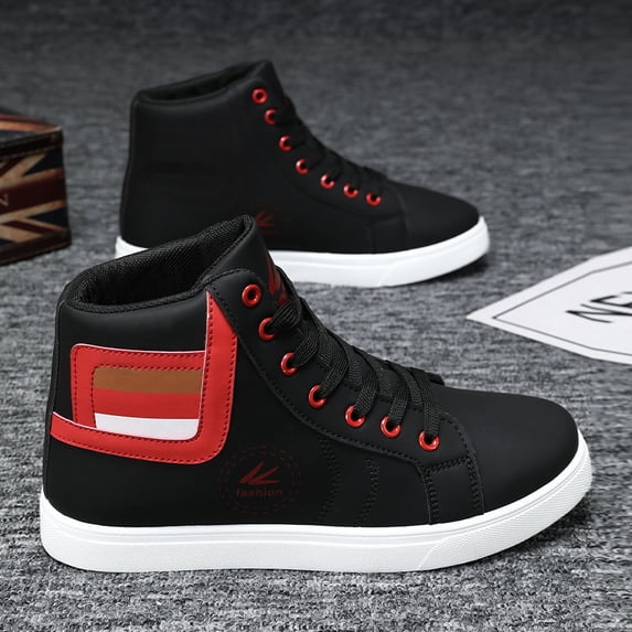 Men's High-Top Sneakers - Classic Black & Slip-Resistant Rubber Sole, Cushioned EVA Insole - Lace-Up Ankle Support Shoes for Formal, Casual, Casual Attire - Durable & White colorway, PU Upper & Easy