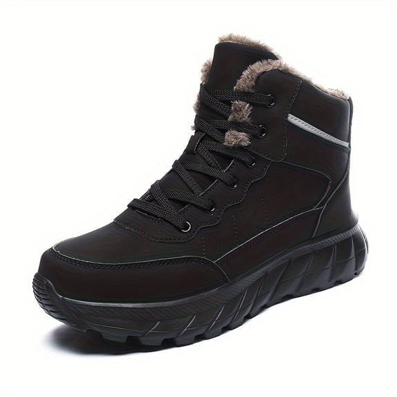 Men's High-Top Snow Boots, Winter Warm Fleece-Lined Outdoor Sports Shoes, Solid Color, Lace-Up Closure, PU Upper, Fabric Inner & Insole, EVA Sole, for Hiking & Casual Use - Black/Khaki, Winter Boots