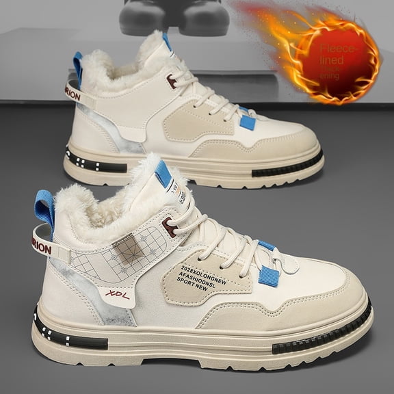 Men's High-Top Winter Sneakers - Warm Fleece Lined, Non-Slip Durable PU & EVA Sole, Beige with Blue Accents, Casual Snow Boots for Casual Attire, Winter Boots