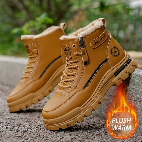 Men's High Top Winter Work Boots, Lace-Up & Side Zipper Faux Fur Lined ...