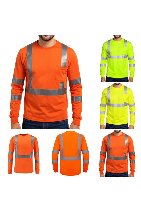 Men’s High Visibility Long Sleeve Safety T-Shirt, ANSI Class 2 Reflective Work Shirt with Chest Pocket for Construction and Road Work Saffron L