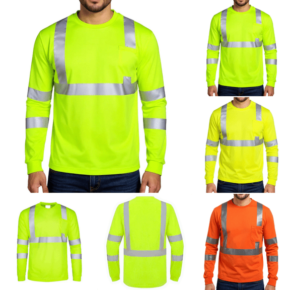Men’s High Visibility Long Sleeve Safety T-Shirt, Reflective Work Shirt with Chest Pocket for Construction and Road Work Fluorescent Green L