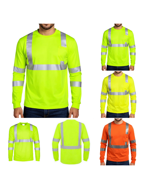 Men’s High Visibility Long Sleeve Safety T-Shirt, Reflective Work Shirt with Chest Pocket for Construction and Road Work Fluorescent Green L