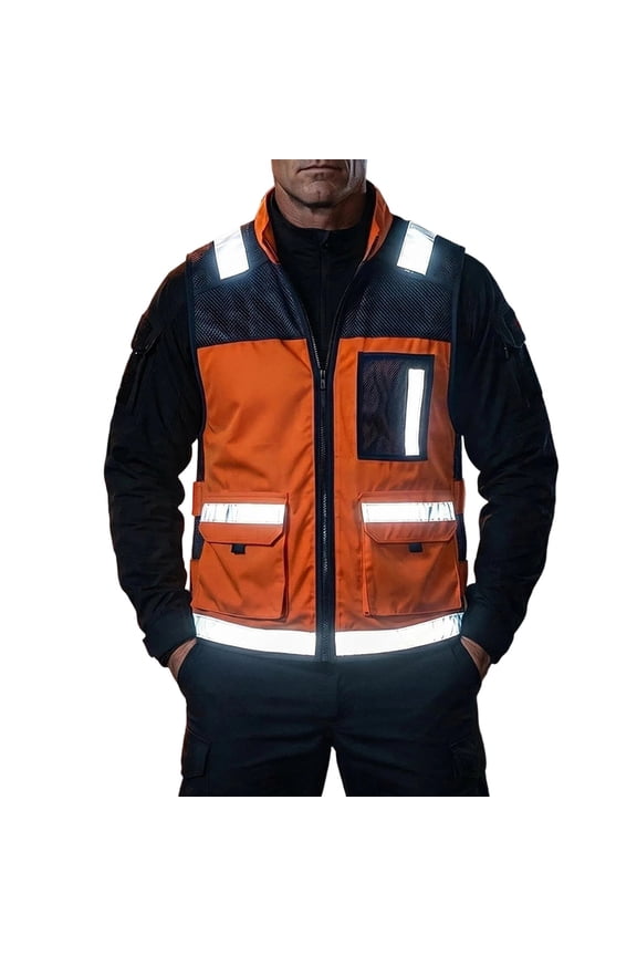Men's High Visibility Reflective Safety Vest, Multi Pocket Zip up Mesh Workwear Vest, Orange Construction Utility Sleeveless Jacket Size L-4XL Orange