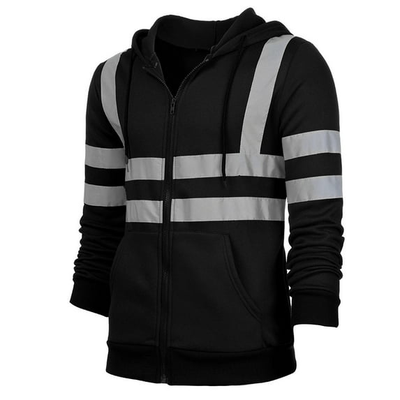 Men's High Visibility Safety Hoodied Sweatshirt Pullover Hi Vis Fleece jacket with Reflective Tripes Workwear (Black,XXXL)