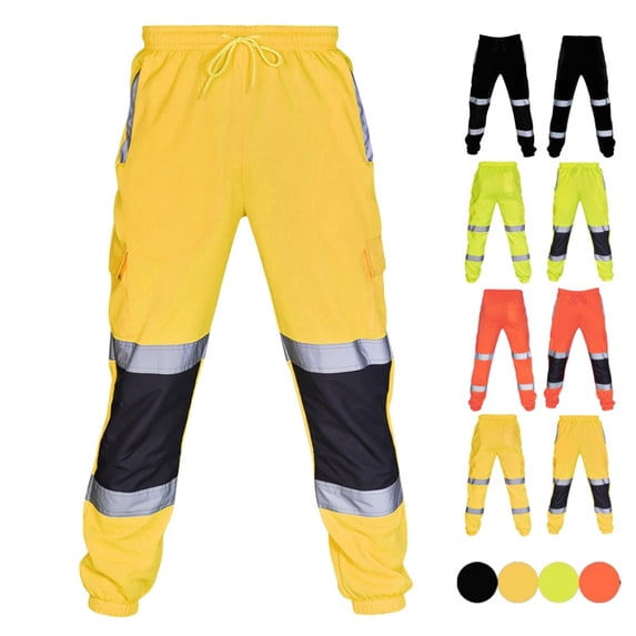 Men's High Visibility Work Cargo Pants Casual Waterproof Drawstring Pockets Safe Reflective Construction Elastic Waist Trousers Yellow L